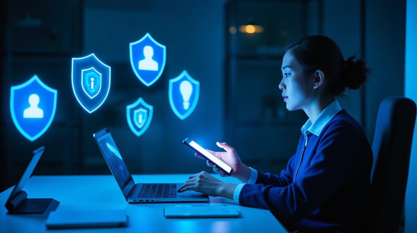 Bureau spacieux avec plusieurs appareils protégés par VPN - Ordinateur, tablette, smartphone